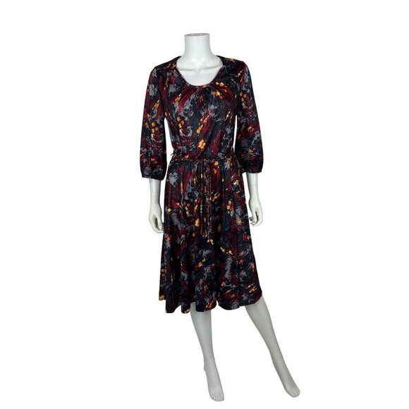 Vintage Dresses & Skirts - Vintage 70s Artsy Dress Womens Large Red Gray Abstract Print Braided Belt Fit An